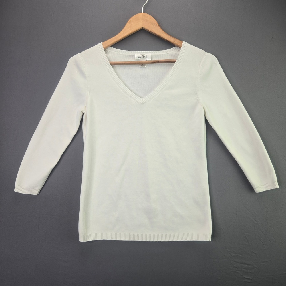 Ann Taylor LOFT Sweater V-Neck Pima Cotton S White 3/4 Sleeve Pullover Top